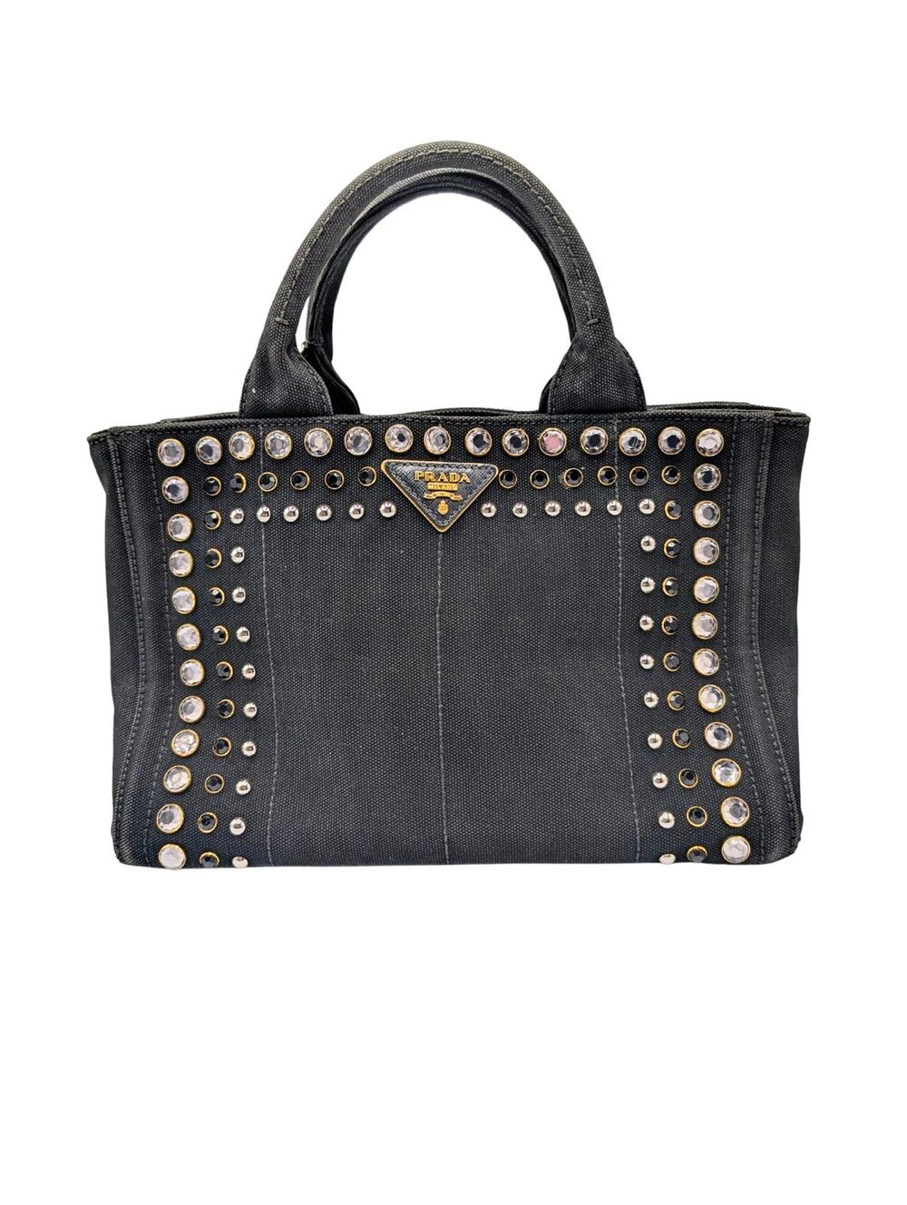 Prada Black Denim Canapa Crystal Studded Embellished Tote